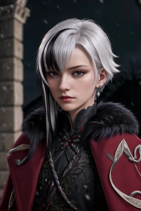 (masterpiece), (extremely intricate:1.3), (realistic), portrait of european girl, solo, 20yo, beautiful face, x shaped pupils, black hair, multicolored hair, fur trim, red pupils, x-shaped pupils, symbol-shaped pupils, short hair, white hair, hair between eyes, streaked hair, fur-trimmed coat, jewelry, earrings, black eyes, bangs, upper body, night, snowing, cold, far away castle, sharp focus, cinematic lighting, Arlecchino(genshin impact) <lora:arlecchino:1>
