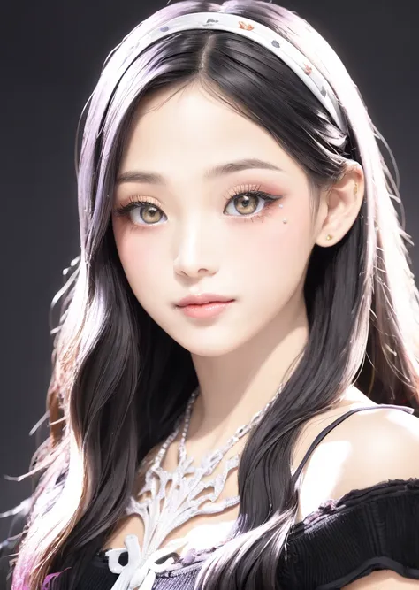 1girl, solo, upper body, looking at viewer, white background, long hair, multicolored hair, makeup, parted lips, eyeliner, cute, IDOL, <lora:add_detail:0.6> , purple eyes, <lora:MiNji-01 (1):1>