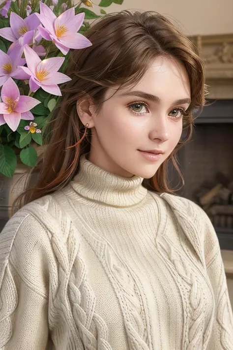 a photo of AM246_Olivia_Lust,
woman weared knitted long-sleeve turtle-neck sweater
near the fireplace, (many flowers:1.2), <lora:Lit:0.3>
soft light, golden hour, shoulder shot, (close up:1.4),
4k textures, natural skin texture, skin pores, intricate, highly detailed, sharp focus, insane details, intricate details, hyperdetailed, hyperrealistic