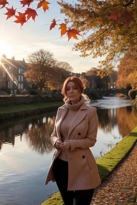 beautiful english woman. enjoying a stroll. dawn, autumnal. volumetric light. in the background a river glints in the sun. reflection, refraction.