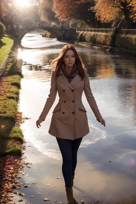 beautiful english woman. enjoying a stroll. dawn, autumnal. volumetric light. in the background a river glints in the sun. reflection, refraction.