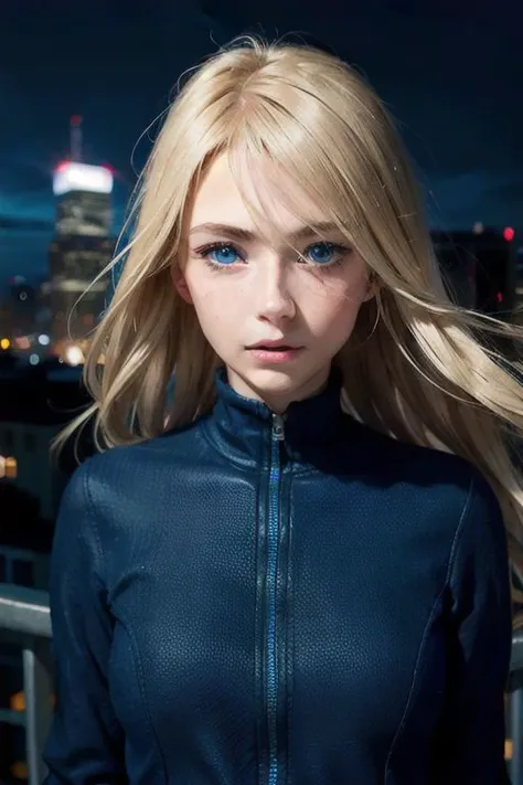 1girl,blonde hair,blue eyes,floating hair,long hair,detailed face,city,night,realistic,cinematic lighting,RAW Photo