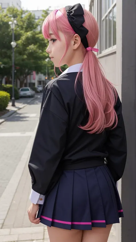 masterpiece, best quality,
vivid colors,
1girl, (solo)
("   ")
"   ",
pink eyes
hairband
school uniform
back view
"           "  
"                   "