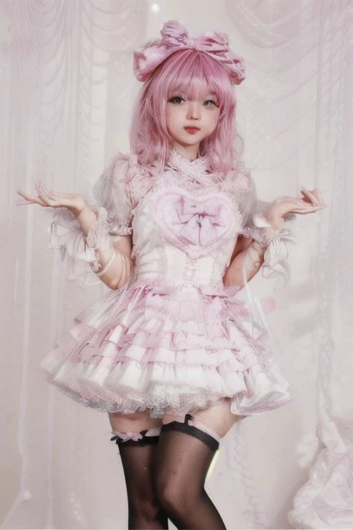 good quality, 8k, detailed face, detailed hands, cute girl, in a thick diaper, wet and messy diaper, pee flowing down from her legs, blushing hard full size, bdsm, pooping into diaper, embarrassing face, reverse bunnysuit, nsfw, thighhighs, (((onoff))), cyb dress, pink dress, frills, see-through short sleeves, wrist cuffs