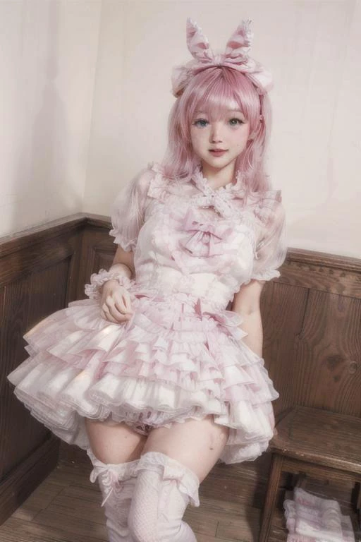 good quality, 8k, detailed face, detailed hands, cute girl, in a thick diaper, wet and messy diaper, pee flowing down from her legs, blushing hard full size, bdsm, pooping into diaper, embarrassing face, reverse bunnysuit, nsfw, thighhighs, (((onoff))), cyb dress, pink dress, frills, see-through short sleeves, wrist cuffs