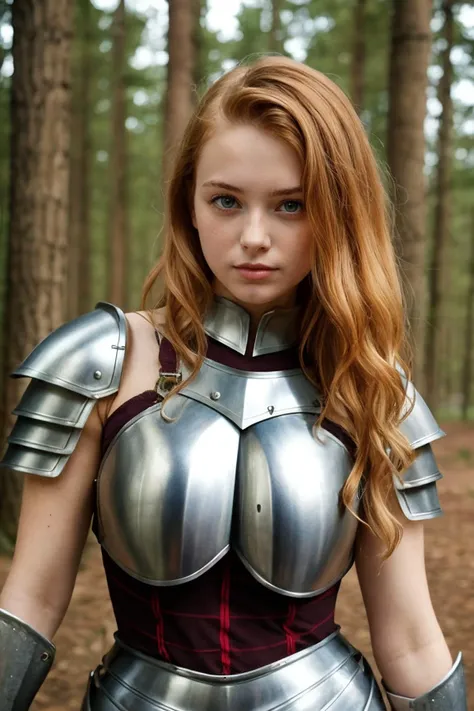 (18 years old girl),ginger hair, wavy hair, big breasts, pointy ears, (knight armor:1.2), revealing clothes, leotard, forest