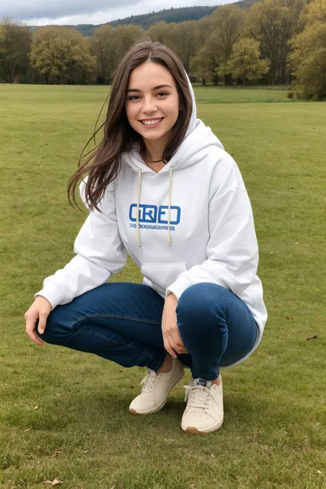 1girl, european girl, outdoors, brown hair, hoodie, realistic, long hair, squatting, looking at viewer, grass, day, sky, sneakers, jeans, brown eyes, blurry background, long sleeves, full body, hood down, cloud, blue sky, smile