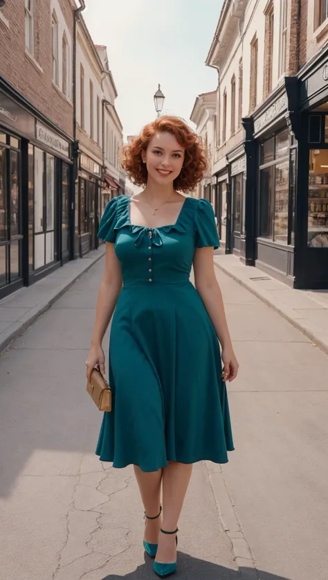 HDR photo of UHD, 8K, ultra detailed, a cinematic photograph of analog film photo (Photorealistic:1.2), (Charming portrait of a woman with auburn hair in curls:1.3), (Green eyes with a friendly smile:1.3), (Large bust size and a curvaceous silhouette:1.2), (Vintage attire with a retro dress and heels:1.4), (Soft, nostalgic lighting for a timeless feel:1.3), (Backdrop of a quaint street lined with old-fashioned shops:1.3), high quality photography, 3 point lighting, flash with softbox, 4k, Canon EOS R3, hdr, smooth, sharp focus, high resolution, award winning photo, 80mm, f2.8, bokeh, faded film, desaturated, 35mm photo, grainy, vignette, vintage, Kodachrome, Lomography, stained, highly detailed, found footage, beautiful lighting, great composition . High dynamic range, vivid, rich details, clear shadows and highlights, realistic, intense, enhanced contrast, highly detailed, detailed skin texture, (blush:0.2), (goosebumps:0.3), subsurface scattering