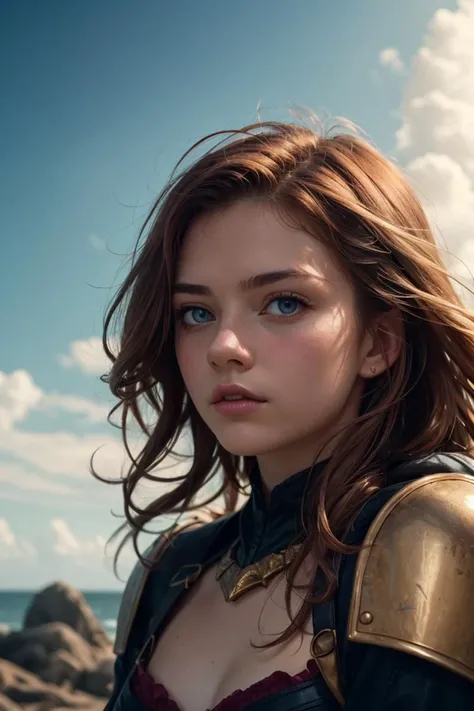 European 1girl ,ginger hair,beautiful face,dragon knight,fantasy,horizon, film grain, cinematic lighting, absurdres detail,