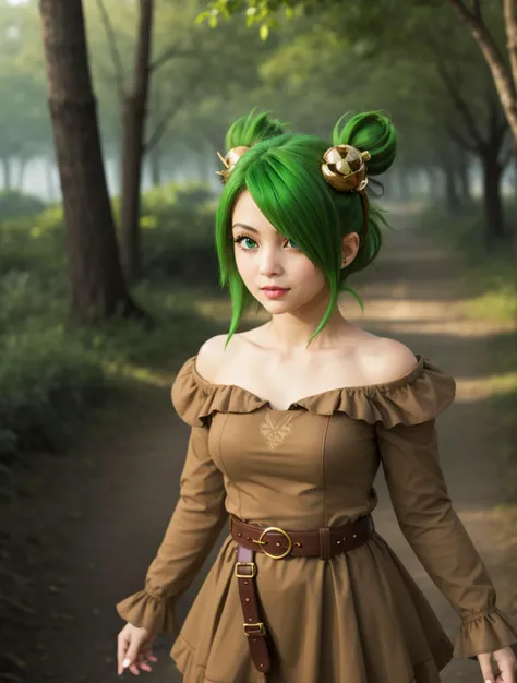 masterpiece, 1girl,solo,
<lora:epicanna.sd15.v1:0.5> epicanna,
brcoatoutfit, brown belt, brown dress, long sleeves, bare shoulders, belt bag, fanny pack, brown boots, frilled dress, layered dress, off-shoulder dress, pleated dress, short dress
green hair, green eyes, eyes visible through hair,
defhairstyle, hair ornament, yellow orbs, hair over one eye, low twintails, short twintails, pigtails
outdoors, adventuring, fantasy, medieval, forest,