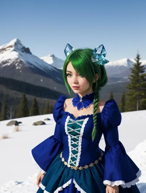 masterpiece, 1girl,solo,
<lora:epicanna.sd15.v1:0.5> epicanna,
bludroutfit, frilled sleeves, blue dress, long dress, frilled dress, wide sleeves, layered dress
green hair, green eyes, eyes visible through hair,
cribrastyle, object on head, blue crystal, hair over one eye, single braid
outdoors, adventuring, fantasy, medieval,
snowy mountains, icicle,