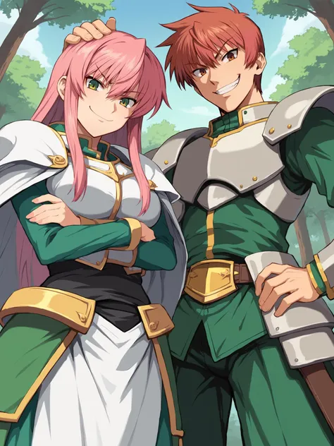score_9,source_anime,1boy,armor,pants,evil smile,rance,hands on hip,green clothes,looking at viewer,head tilt,from below,forest,
1girl,hand on head,armored dress,arm under breasts,smirk,pink hair,<lora:rance_XL_pony_v1:0.8>,