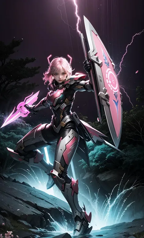 TR mecha style,Cherry-Blossom Warrior,Dainty Defender,Enchanted Blade,Futuristic Finesse,Glowing Halo,Lightning-Fast Moves,Mechanical Petals,Pink Shield,Rose-Tinted Valor,Sparkling Strategy.,<lora:å¥½åç±³-SD.5-mecha:0.3>,