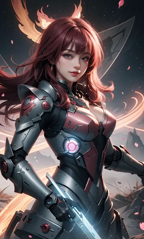 TR mecha style,Rose-Tinted Guardian,Feminine Form,Techno-Magic,Pink Halo,Sparkling Armor,Quantum Blade,Time-Bending Abilities,Fiery Gaze,Mechanical Petals,Guardian of Dreams,Enchanting Smile,Pristine Battlecry.,<lora:å¥½åç±³-SD.5-mecha:0.3>,