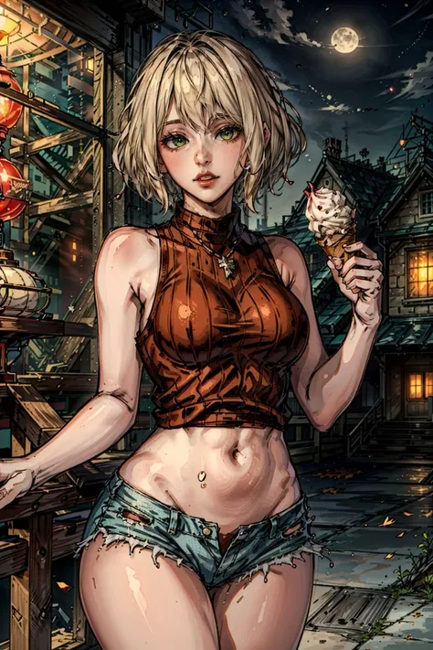(nsfw, vulgar art), (2d style:1.2), (artwork:1.2), (lineart:1.33), , by (Satoshi Kon:1.2) BREAK, <lora:sharpen-soften:0.5>
1girl, AshleyGrahamRE, solo, short hair, bangs, green eyes, blonde hair, <lora:AshleyGrahamRE:1>
best quality, masterpiece, 8k, (hdr:1.1), (cinematic:1.2), <lora:add_detail:0.7>, (sitting around a huge ferris wheel at attriacion park:1.5), (colorful autumn, American amusement park, shops with sweets and soft toys, evening, stars, beautiful moonlight:1.4), (wearing in light colored tank top, bare tummy, short denim shorts:1.2),