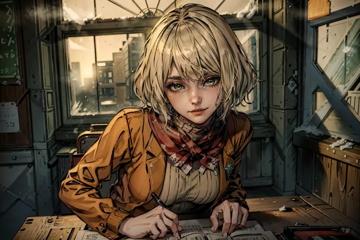 (nsfw, vulgar art), (2d style:1.2), (artwork:1.2), (lineart:1.33), , by (Satoshi Kon:1.2) BREAK, <lora:sharpen-soften:0.7>, soft tones, warm light
<lora:AshleyGrahamRE:1>, 1girl, AshleyGrahamRE, solo, small breasts, looking at viewer, smile, short hair, bangs, closed mouth, green eyes, blonde hair,
best quality, masterpiece, 8k, (hdr:1.1), (cinematic:1.2), <lora:add_detail:0.5>, (school desk, classroom:1.2), (winter day outside the window, blizzard and high winds with snow outside the window:1.1), (wearing in school uniform),
ultradetailed,(fine-details:1.2),absurdres,(atmosphere)