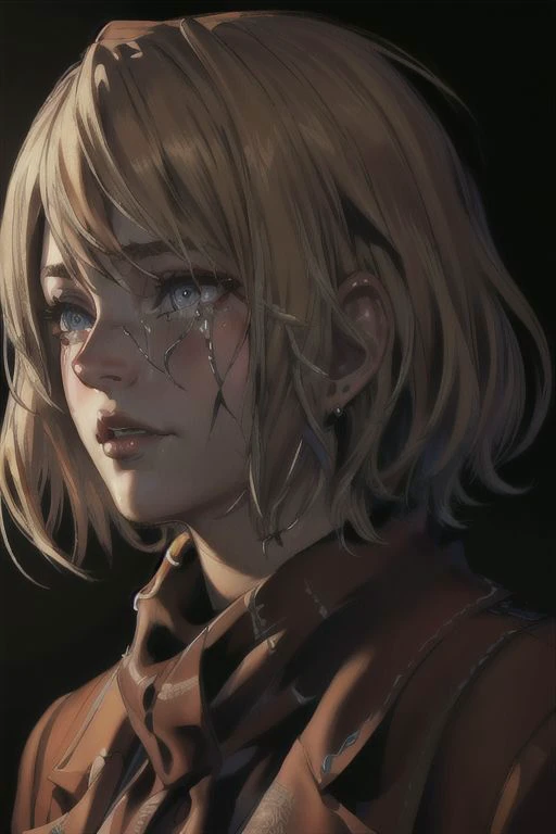 Short haired blonde woman, resident evil 4, in a dark forest with leaves and dry autumn trees, dirt road