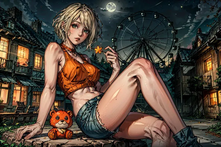 (nsfw, vulgar art), (2d style:1.2), (artwork:1.2), (lineart:1.33), , by (Satoshi Kon:1.2) BREAK, <lora:sharpen-soften:0.5>
1girl, AshleyGrahamRE, solo, short hair, bangs, green eyes, blonde hair, <lora:AshleyGrahamRE:1>
best quality, masterpiece, 8k, (hdr:1.1), (cinematic:1.2), <lora:add_detail:0.7>, (colorful autumn, American amusement park, shops with sweets and soft toys, evening, stars, beautiful moonlight:1.4), (wearing in light colored tank top, bare tummy, short denim shorts:1.2),