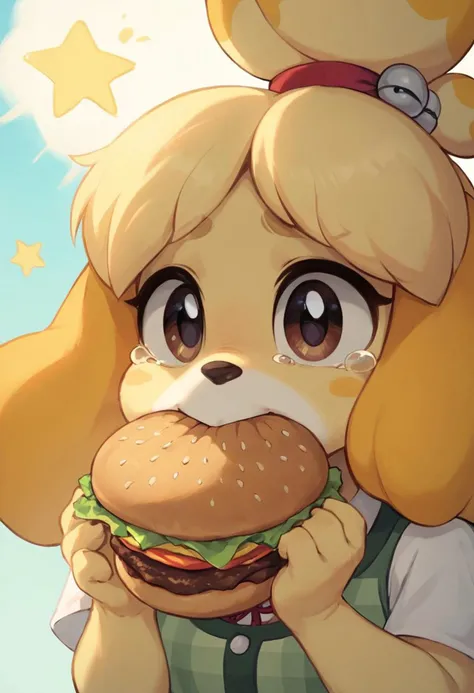 score_9, score_8_up, score_8_up, 1girl, isabelle \(animal crossing\), short stack, shortstack, cute, awe, pastel colors, high res image, masterpiece, isabelle biting into large burger, tears, holding food, solo, large burger, eating, looking up at viewer, upper body, stars in eyes,