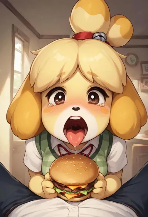 score_9, score_8_up, score_8_up, 1girl, isabelle \(animal crossing\), short stack, shortstack, cute, awe, pastel colors, high res image, masterpiece, 1boy, brown skinned viewer, pov, viewer holding large burger, tears, man holding food, solo focus, large burger, looking at viewer, mouth open, saliva, tongue out, blush drooling, anime, anime style, viewer feeding burger to isabelle,