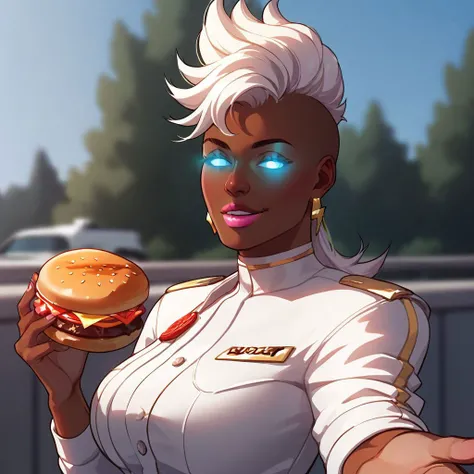 score_9, score_8_up, score_7_up, score_6_up, score_5_up, score_4_up, st0rm1, 1girl, jewelry, earrings, glowing eyes, no pupils,1girl, holding food,solo,burger,eating,blurry background,looking at viewer,upper body, outside, pink lipstick, parted lips, smile, solo, mature female, large breasts, wide hips, large ass,beckoning, reaching towards viewer