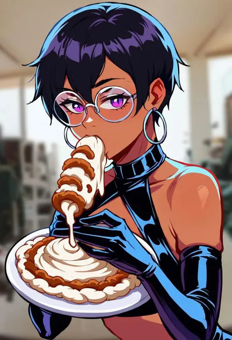 score_9, score_8_up, score_7_up
1girl, Anime-style female, dark skin, large big bright purple eyes, black dark hair, short hair, twin large pony tails. She sports a unique black latex halter top, central feature resembling a pentagram formed by crisscrossing straps over the chest. Fitted sleeves envelop her forearms, ending just below the elbow, marked with white accent bands. round eye silver glasses. Black sleeves to elbows, white details at ends. chains around neck, hoop earrings. elbow gloves. demon tail, hair between eyes. Rings adorn her fingers interconnected by delicate chains. wet look.
she is eating an oreo cookie. holding food. 1 oreo cookie. cream overflow, blurry background, eating, upper body