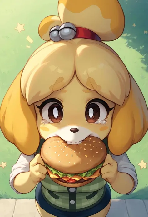 score_9, score_8_up, score_8_up, 1girl, isabelle \(animal crossing\), short stack, shortstack, cute, awe, pastel colors, high res image, masterpiece, isabelle biting into large burger, tears, holding food, solo, large burger, eating, looking up at viewer, stars in eyes, anime, anime style, from above,