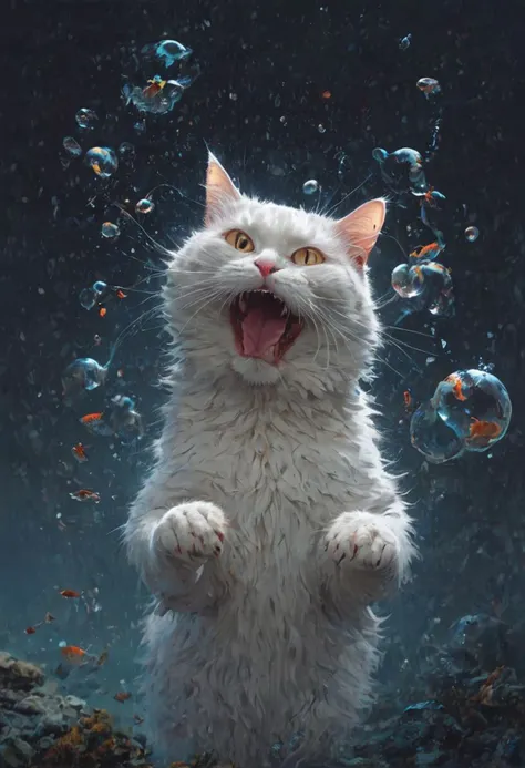 white cat, making goofy faces under water, lie the wind is blowing in her open mouth bubbles wide. an annoyed goldfish swims by
holding food, solo, burger, eating
