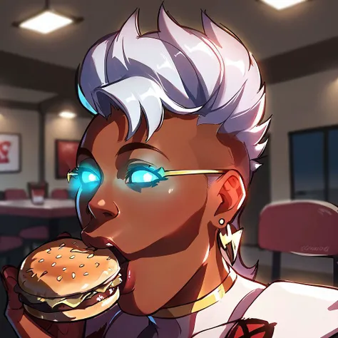 score_9, score_8_up, score_7_up, score_6_up, score_5_up, score_4_up, 1girl,holding food,solo,burger,eating,blurry background,looking at viewer,upper body, beckoning, reaching towards viewer, st0rm1, 1girl, jewelry, earrings, superhero costume, glowing eyes, no pupils, pog