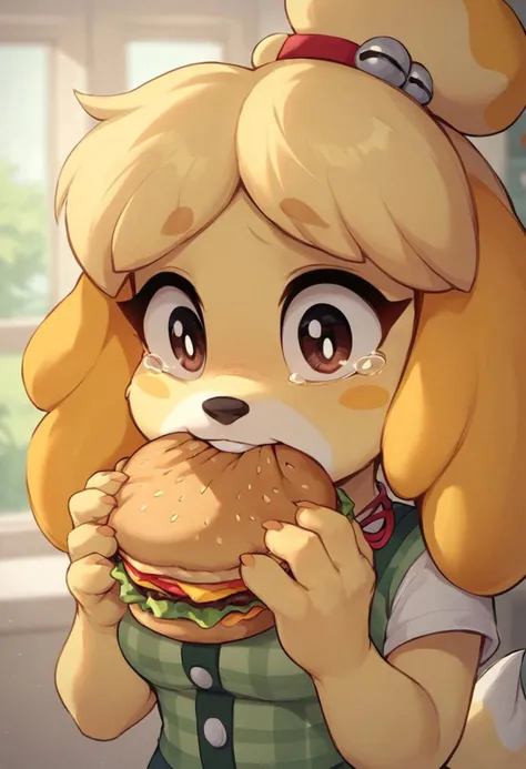 score_9, score_8_up, score_8_up, 1girl, isabelle \(animal crossing\), short stack, shortstack, cute, awe, pastel colors, high res image, masterpiece, isabelle biting into burger, tears, 1girl, holding food, solo, burger, eating, blurry background, looking at viewer, upper body