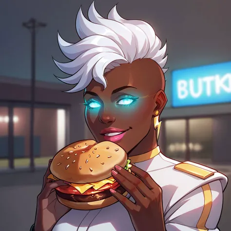score_9, score_8_up, score_7_up, score_6_up, score_5_up, score_4_up, st0rm1, 1girl, jewelry, earrings, glowing eyes, no pupils,holding food,solo,burger,eating,blurry background,looking at viewer,upper body, outside, pink lipstick, parted lips, smile, 1girl, solo, mature female, large breasts, wide hips, large ass,beckoning, reaching towards viewer