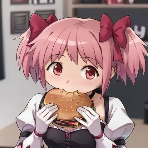 score_9, score_8_up, score_7_up, masterpiece, absurdres,
BREAK
madoka \(Puella Magi Madoka Magica\),1girl,short twintails, 1girl,holding food,solo,burger,eating,blurry background,looking at viewer,upper body