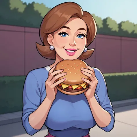score_9, score_8_up, score_7_up, score_6_up, score_5_up, score_4_up, mrs. turner, brown hair, short hair, blue eyes, earrings, 1girl,holding food,solo,burger,eating,blurry background,looking at viewer,upper body, outside, pink lipstick, parted lips, smile, 1girl, solo, mature female, large breasts, wide hips, large ass,