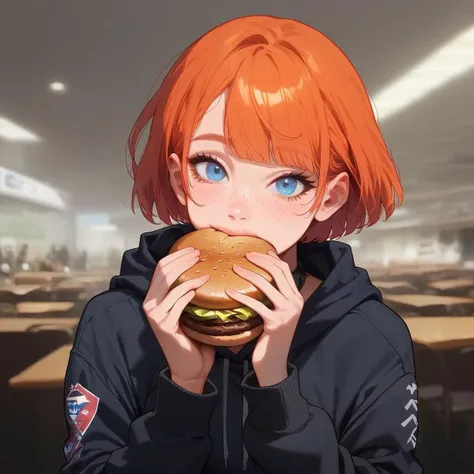 score_9, score_8_up, score_7_up, Expressiveh, ultra detailed, one cute girl, solo, short ginger hair, thick lips, freckles, shiny-blue eyes, long eyelashes, small breast, thick thighs, big ass, wide hips, squishy thick thighs, black hoodie, tight jeans, trainers, 1girl,holding food, ,burger, eating, blurry background, looking at viewer, upper body