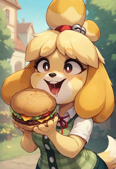 score_9, score_8_up, score_8_up, 1girl, isabelle \(animal crossing\), short stack, shortstack, cute, awe, pastel colors, high res image, masterpiece, drooling, (lots of saliva), isabelle eating burger,