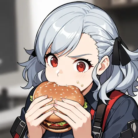 1girl,solo, spas-12 \(girls' frontline\), girls' frontline, <lyco:xl_jerma985_eating_a_whopper_(meme)(a3.1):0.8>, holding food, burger, eating, food on face, puffy cheeks, fingernails, serious, upper body, beautiful lighting, depth of field, blurry background, (masterpiece), (best quality), (ultra-detailed), very aesthetic, illustration, perfect composition, intricate details, absurdres