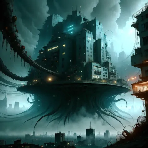 <lora:DreadTech-20:0.8>,dreadtech , scifi, disturbing, high contrast ,
city,