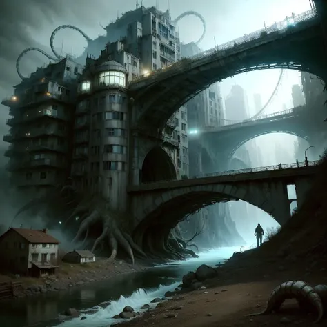 <lora:DreadTech-20:0.8>,dreadtech , scifi, disturbing, high contrast ,
dreadtech city, bridge, river