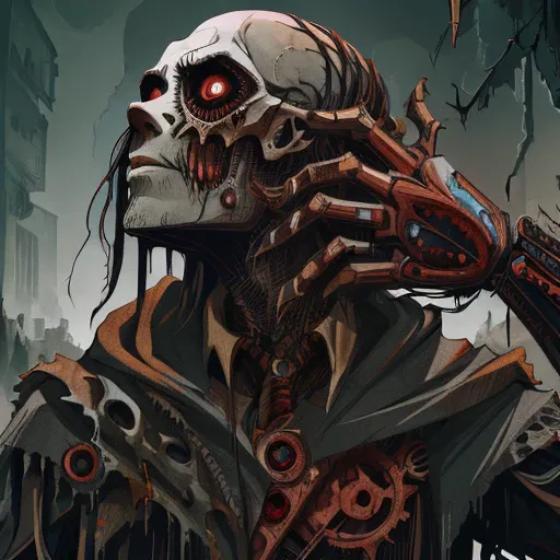 undead wizard <lora:DreadTech-20:0.5> dreadtech, disturbing, <lora:FragRealityTech-20:0.5> fragrealitytech, shattered warped reality, deep and dark colors, (midnight lighting:1.15), (blending:0.95), (highly detailed, high quality:1.3)