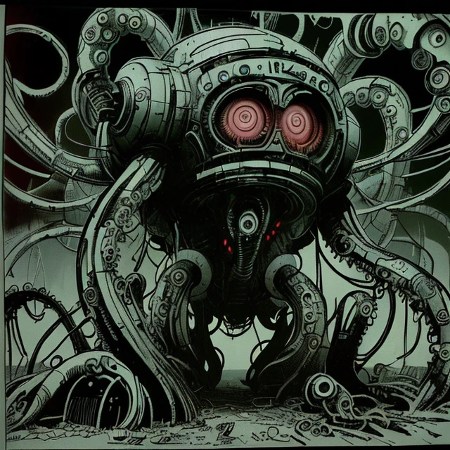 60s scifi ink comic by Jack Kirby, A complex machine, <lora:DreadTech:0.8> dreadtech , disturbing