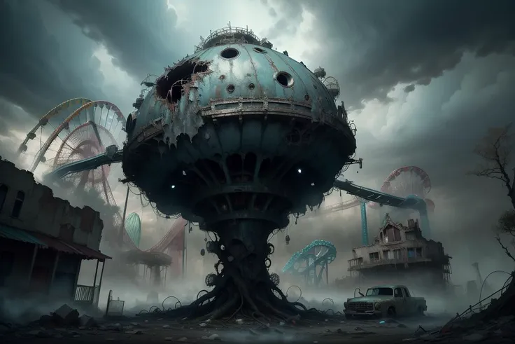 masterpiece, best quality, volumetric lighting, (surreal:1.1) ,
professional, 4k, highly detailed, cinematic photo, (focus), film,
(amusement park:1.3), <lora:DreadTech-20:0.5> dreadtech , disturbing, scifi, (abandoned and hunted:1.1), dark place ,
<lora:EntropyMagic-20:0.5>