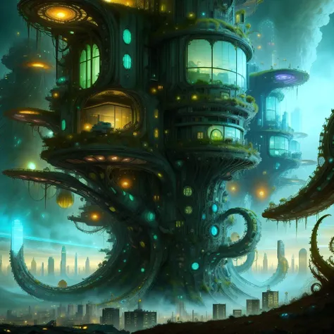 (extremely detailed CG unity 8k wallpaper, masterpiece, best quality, ultra-detailed), (dirty, grungy), (1girl), (BioPunkAI, genetic modification, augmented reality, futuristic madness landscape), (high-rise buildings, crowded streets, night time). Horror art, Unreal engine, UHD, line art drawing style.