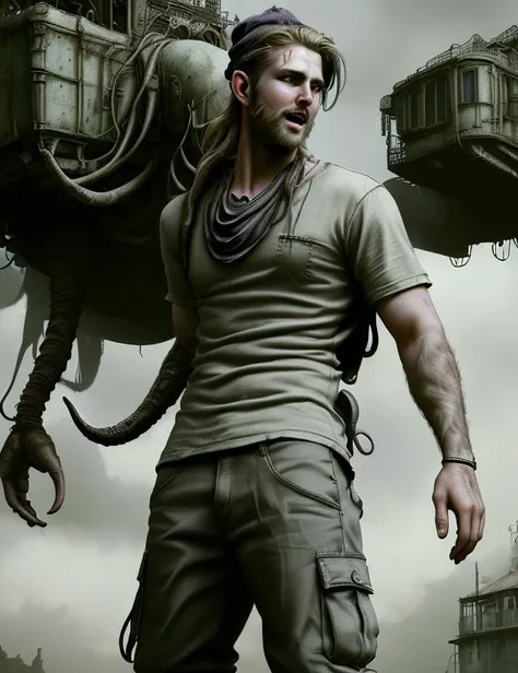 ((best quality)), ((masterpiece)), ((realistic)), (detailed),DreadTechmale Eighteen Dainty, Gypsies, Violet eyes, Oval Ears, Uneven Cheeks, Uneven Forehead, Oval face shape, Horseshoe Beard , Golden Blonde Slicked-back hair hair, Laugh, wearing Mosaic Piqu Indigo Cargo pants, Henley pocket T-shirt, , Beanie, andBandana and, Standing with weight shifted to one leg, suggesting ease, scifi, tech, futuristic, ((masterpiece)), 8K, HDR, <lora:DreadTech:1>