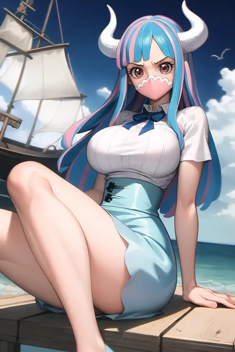 masterpiece best quality,1girl,UltiOP, onepieceanime,ocean,pirate ship,looking at viewer,large breasts,multicolored hair, long hair, blue hair, pink hair, bangs, horns, blue skirt, high-waist skirt, white shirt,multicolored hair,<lora:UltiOP_NAI_v1-1:0.6>