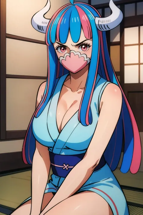 HDR, RAW image, High Quality,(masterpiece, best quality:1.4), cinematic light, colorful, high contrast, (1girl), UltiOP, onepieceanime, ((large breasts)), cleavage, streaked hair, multicolored hair, long hair, blue hair, pink hair, bangs, horns, white kimono, sleeveless, short kimono, japanese clothes, thighs, <lora:UltiOP_NAI_v1-1:1>