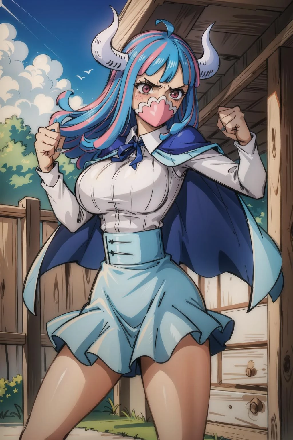 (masterpiece, best quality:1.4), cinematic light, colorful, high contrast, (1girl), UltiOP, onepieceanime, ((large breasts)), multicolored hair, long hair, blue hair, pink hair, bangs, horns, short skirt, blue skirt, high-waist skirt, white shirt, long sleeves, blue cape, outdoors, blush, <lora:UltiOP_NAI_v1-1:1>, fighting stance, clenched fists