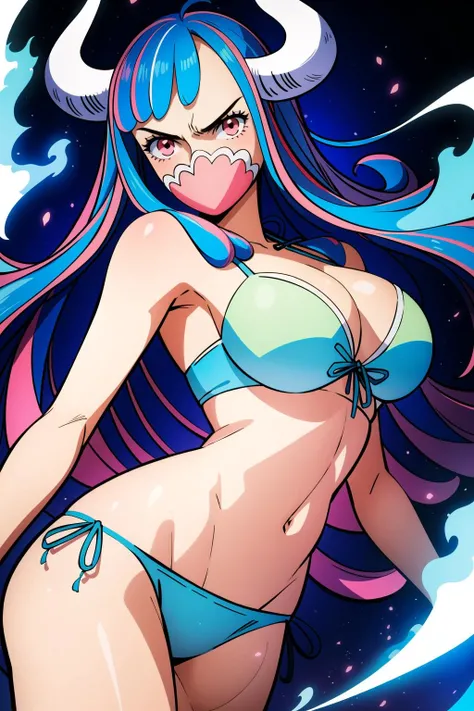 HDR, RAW image, High Quality,(masterpiece, best quality:1.4), cinematic light, colorful, high contrast, (1girl), UltiOP, onepieceanime, ((large breasts)), cleavage, streaked hair, multicolored hair, long hair, blue hair, pink hair, bangs, horns, ((white bikini)), <lora:UltiOP_NAI_v1-1:1>, dynamic pose, (skinny)