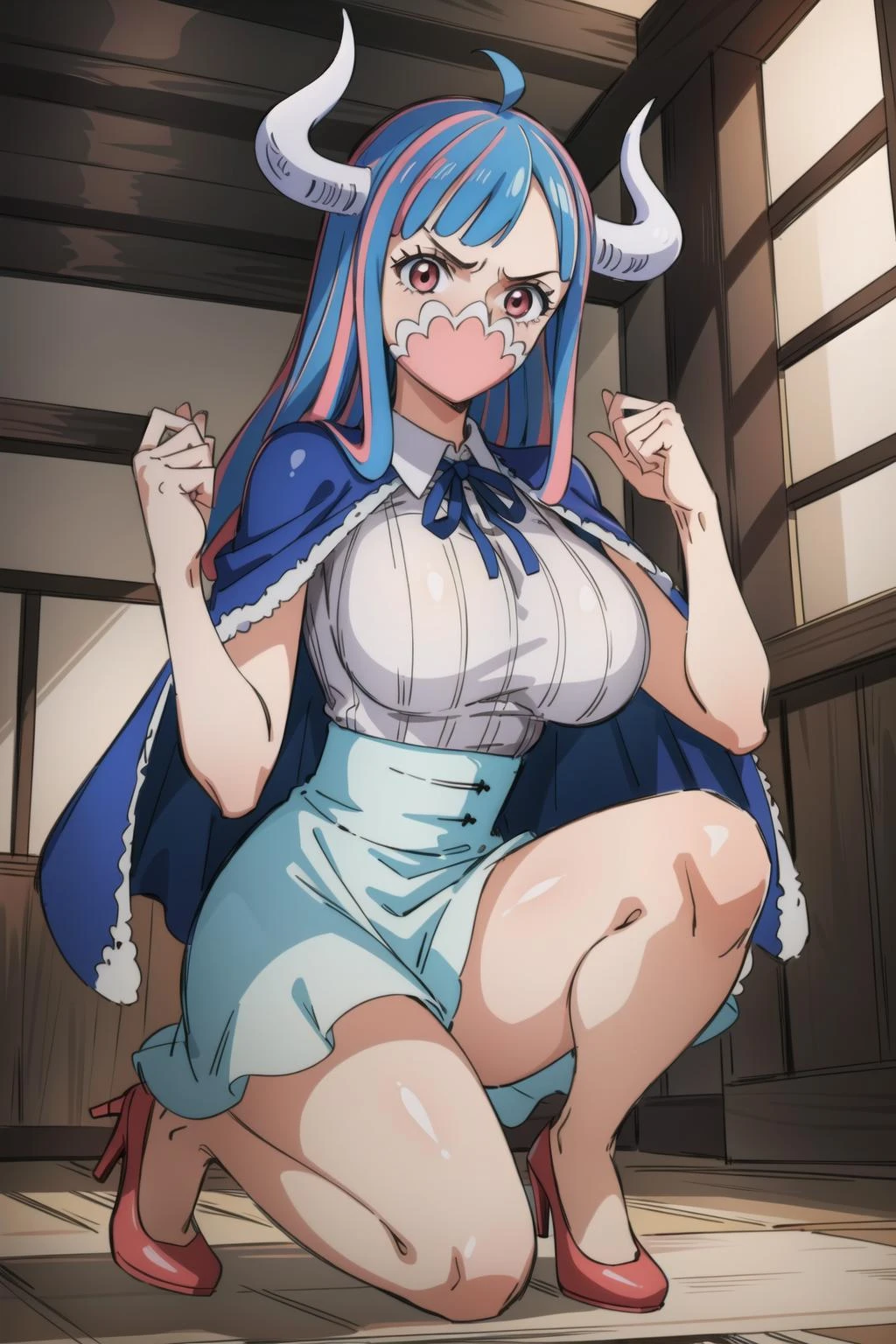 (masterpiece, best quality:1.4), cinematic light, colorful, high contrast, (1girl), UltiOP, onepieceanime, ((large breasts)), multicolored hair, long hair, blue hair, pink hair, bangs, horns, blue skirt, high-waist skirt, white shirt, blue cape, indoors, angry, <lora:UltiOP_NAI_v1-1:1>, on knees, hands up, red heels