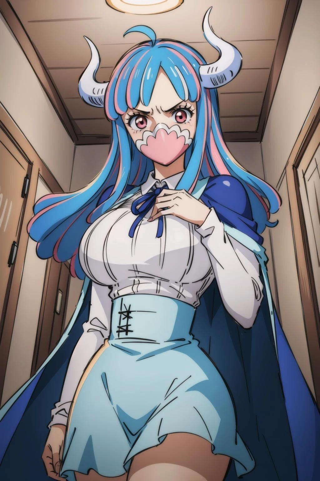 (masterpiece, best quality:1.4), cinematic light, colorful, high contrast, (1girl), UltiOP, onepieceanime, large breasts, multicolored hair, long hair, blue hair, pink hair, bangs, horns, blue skirt, high-waist skirt, white shirt, long sleeves, blue cape, indoors, <lora:UltiOP_NAI_v1-1:1>