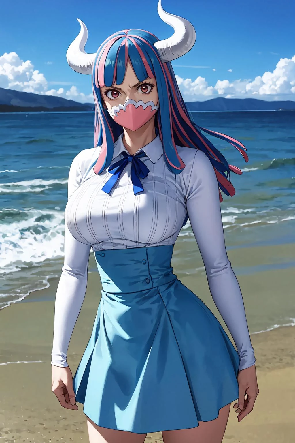 masterpiece, best quality, ultra-detailed, ((mature face)), UltiOP, onepieceanime, large breasts, multicolored hair, long hair, blue hair, pink hair, bangs, horns, blue skirt, high-waist skirt, white shirt, long sleeves, blue cape, in a beach, standing, ((cowboy shot)), realistic, volumetric lighting, intricate details, tonemapping, sharp focus, hyper detailed, <lora:UltiOP_NAI_v1-1:0.9>